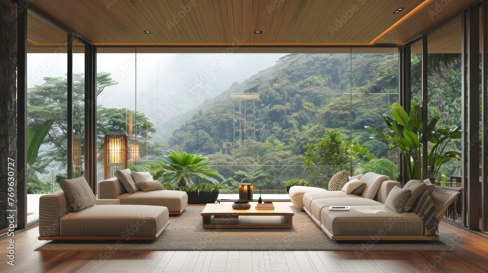 Fototapeta premium Modern living room with large windows overlooking nature and the surrounding forest.AI generated image
