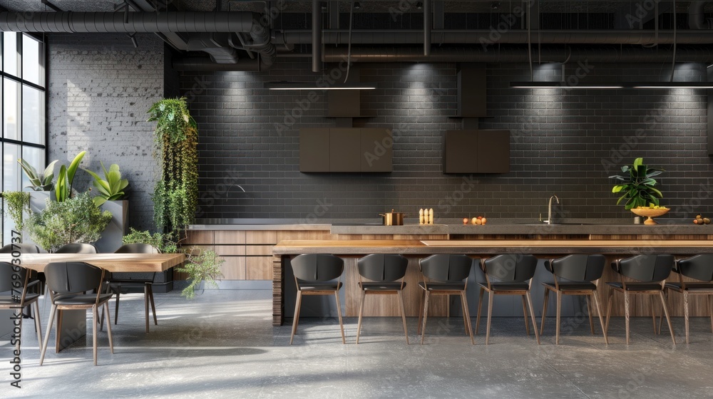 Modern kitchen interior with gray and white brick walls and long table with chairs nearby. AI generated image