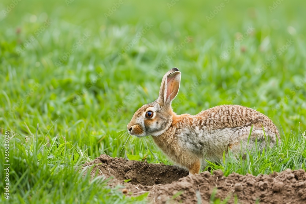 Fototapeta premium rabbit emerging from a dirt burrow in a grassy field