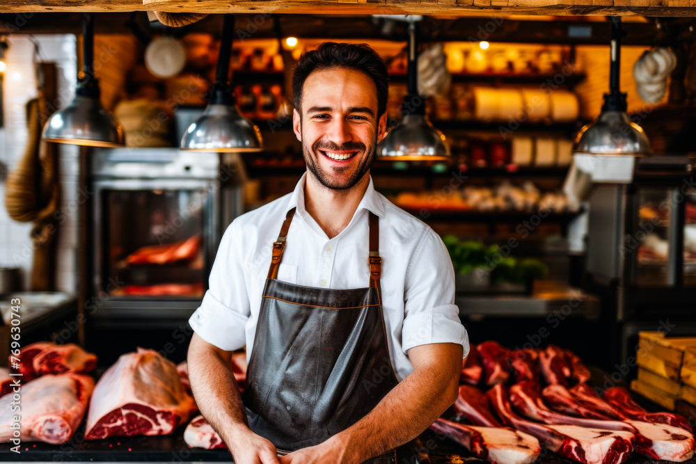 Confident young butcher standing confidently in a shop surrounded by various cuts of meat Confident young butcher standing confidently in a shop surrounded by various cuts of meat
