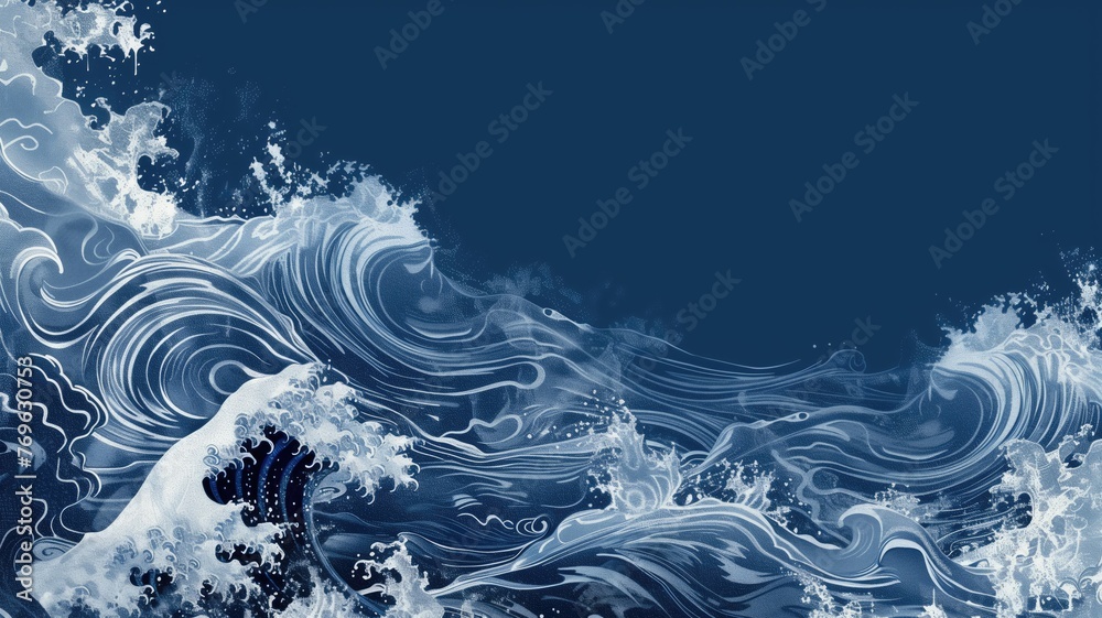 Abstract artistic illustration of blue waves with white foam on a dark background. - obrazy, fototapety, plakaty 