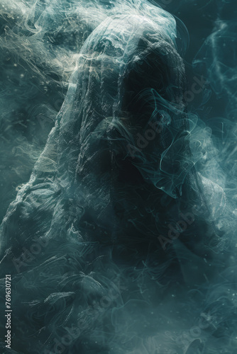 Eerie figure shrouded in a dark, textured cloak surrounded by swirls of mist, creating a haunting and mysterious atmosphere.