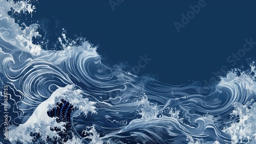 Abstract artistic illustration of blue waves with white foam on a dark background.