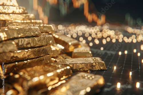 Gold bars on a stock market background with a chart, the motif of a fall or rise in gold bullion prices with a place for text or inscriptions 