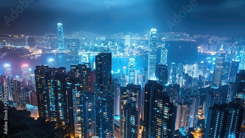 Nighttime cityscape showing dense skyscrapers with bright lights overlooking a harbor.