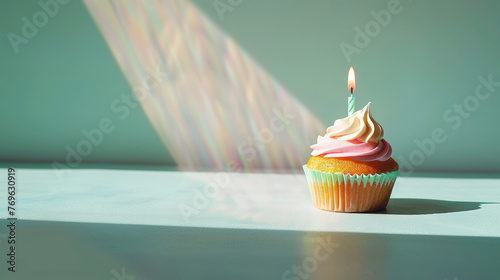 Aesthetic cupcake with candle  on light green background with sun rays. Anniversary celebration concept. Generative AI