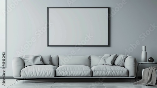Contemporary Living Room with Spacious Feel, Modern Furniture, with Copy Space on Blank Wall Art Frame
