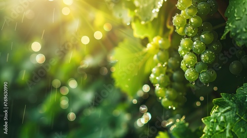 Juicy green grapes on a vine with sunlight filtering through, raindrops glistening the leaves and fruit. photo