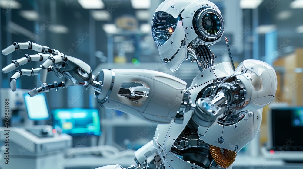 A Robot: A metallic robot with a humanoid shape works in a laboratory environment.
