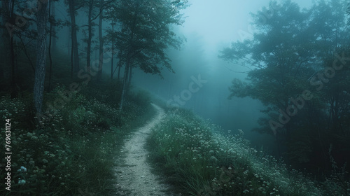 A tranquil, winding forest path surrounded by mist-covered trees and lush greenery, suggesting a peaceful or mysterious atmosphere.