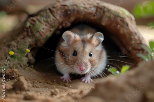hamster exploring a burrow in a habitat enclosure © primopiano