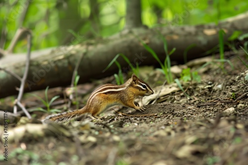 chipmunk darting into a small hole in a wooded area