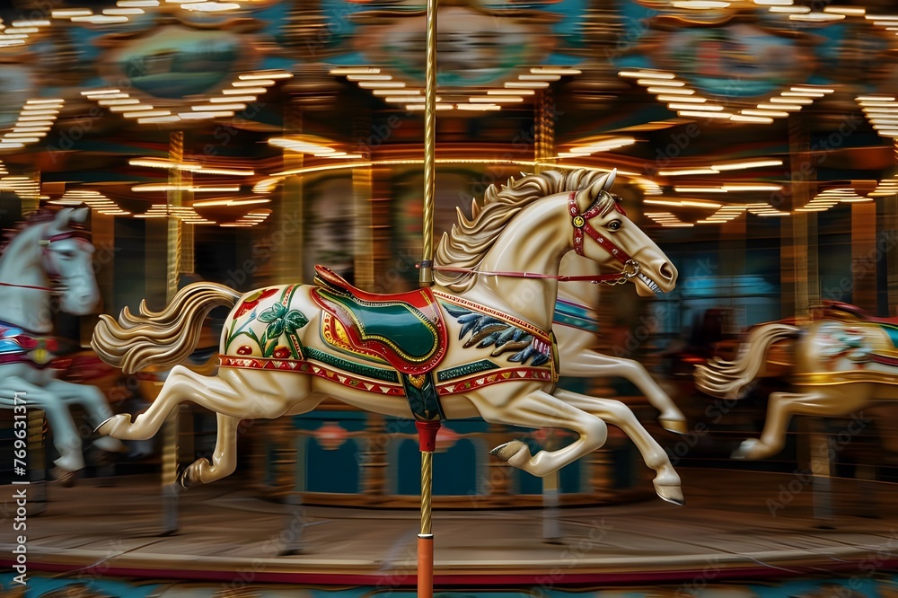 Vintage carousel with brightly painted horses in motion.
