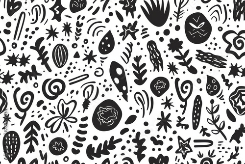 Playful assortment of black and white doodles creates an engaging pattern of abstract shapes and symbols