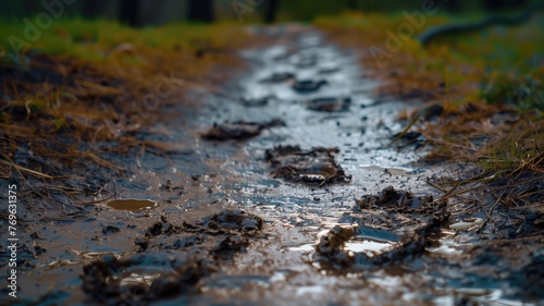 Muddy trail with footprints and puddles, reflecting the blue sky among wet grass. photo