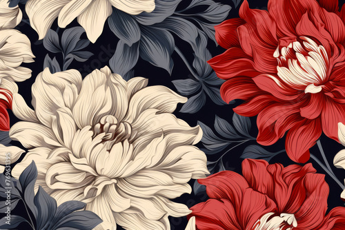 A detailed illustration featuring rich, red flowers contrasted against dark leaves and hints of paler blooms photo