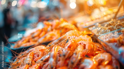 Fresh shrimps on ice at a vibrant seafood market stall with blurred background and bokeh lights.