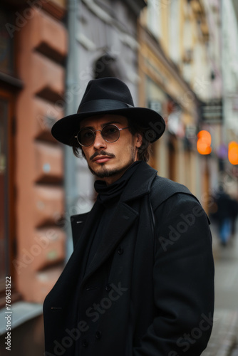 A stylish man in a black coat, hat, and glasses stands confidently on a city street.