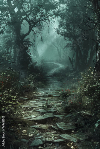 A mysterious cobblestone path winds through a dense, foggy forest with gnarled trees and a hint of greenery poking through the mist.