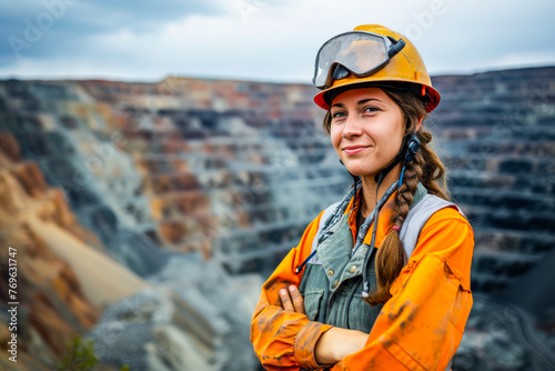 Confident female worker in protective gears standing in a quarry wit arms crossed © Tixel