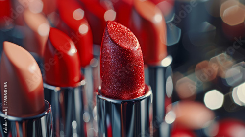 Close-up of a collection of lipsticks with different shades of red, featuring a prominent glittery lipstick in the center against a blurred background photo