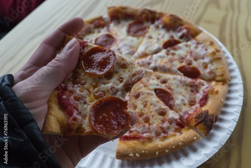 hand holding a pizza slice with one bite missing, set on a paper plate © primopiano