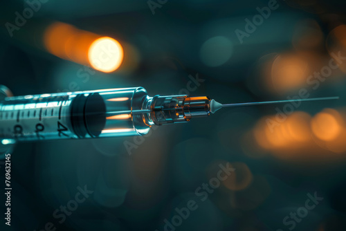 precision and sterility of the injection needle. Syringe with liquid close-up on a dark background with space for text or inscriptions
 photo