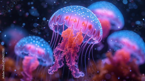 Graceful jellyfish glow in the seawater.