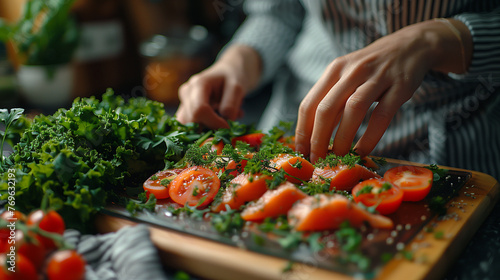 Close-up of a person's hand cutting fresh vegetables on the kitchen table. Choosing healthy foods.