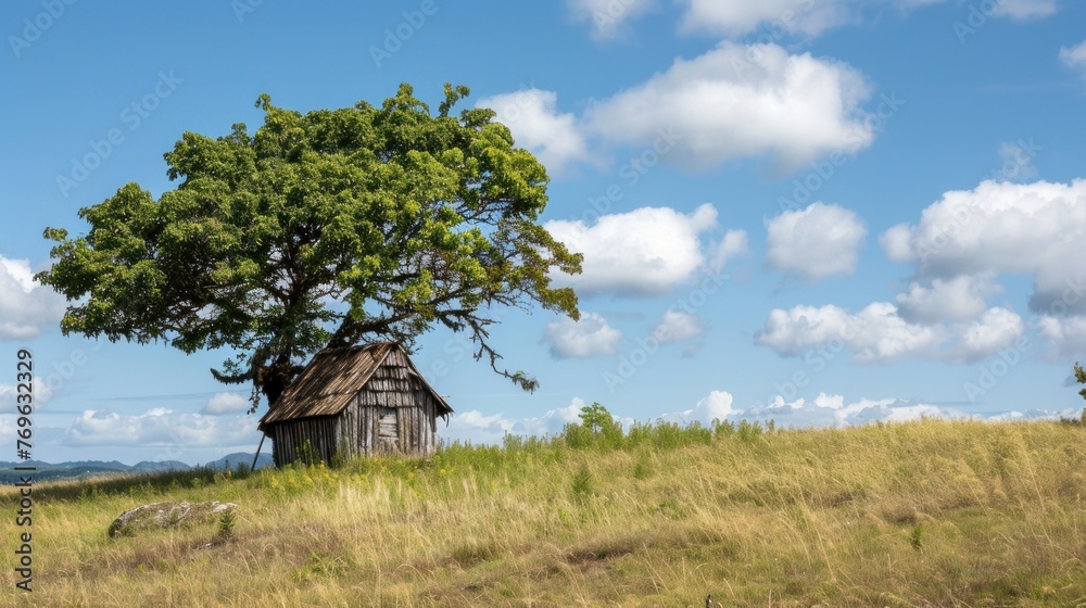 Obraz premium Old house in the middle of a meadow with mountain views.AI generated image
