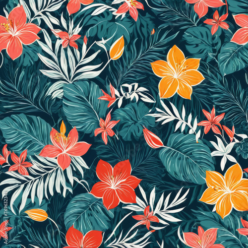 Colorful Flower Pattern on Blue Background. Generative AI
