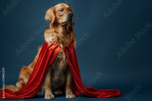 A majestic golden retriever wearing glasses and a red cape, exuding confidence and style. photo