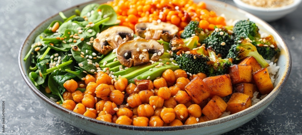 Wholesome vegan lunch bowl featuring avocado, mushrooms, broccoli, and spinach for a nutritious meal Wholesome vegan lunch bowl featuring avocado, mushrooms, broccoli, and spinach for a nutritious meal