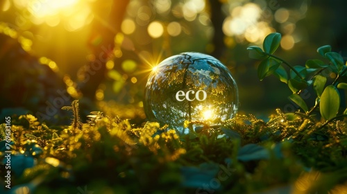 Glass globe with the text "eco" in the forest. Environmental protection, ecology, green energy and recycling concept.