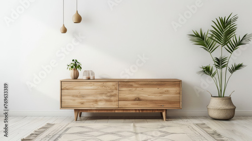 Minimalist living room interior with wooden sideboard