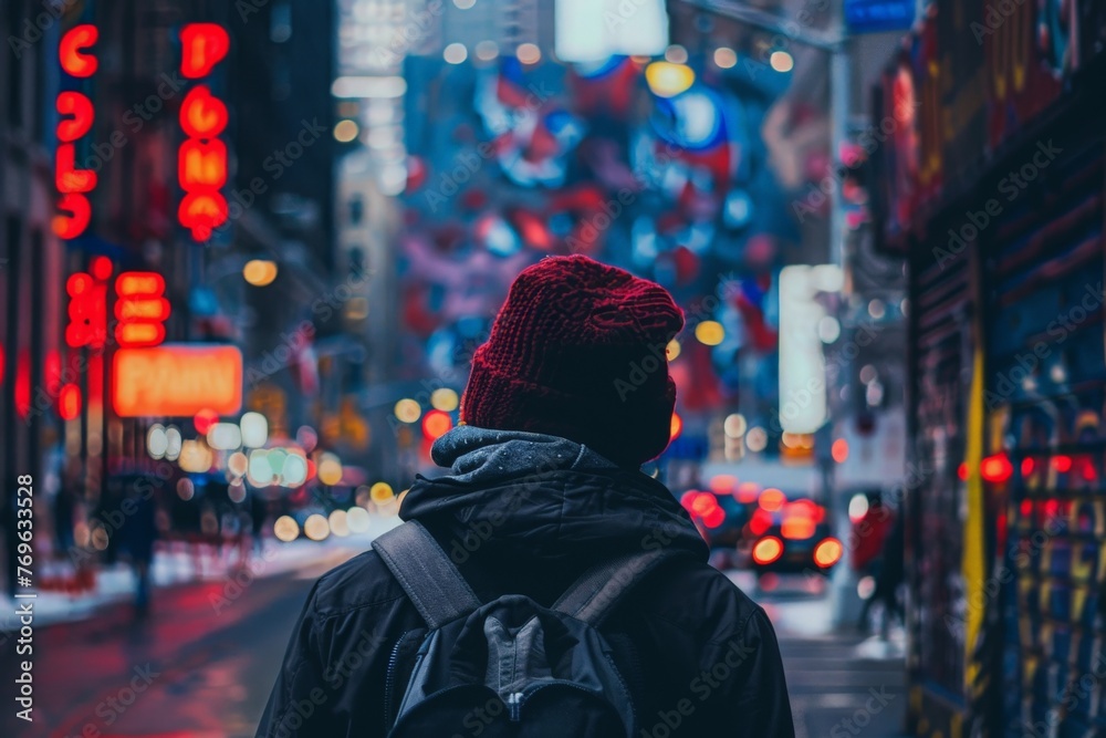A solitary figure walks along a city street at night, surrounded by the glow of streetlights and the shadows of towering buildings. A solitary figure walks along a city street at night, surrounded by the glow of streetlights and the shadows of towering buildings.