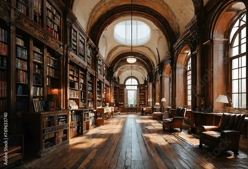 Library interior with bookshelf and stained glass window, England.