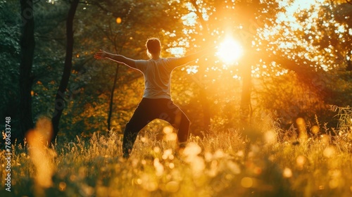 Silhouette of person practicing Qigong surrounded by nature