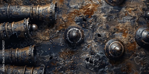 A detailed cannon and musket ball pattern set against a backdrop of smudged gunpowder, symbolizing the fierce naval battles and armed confrontations created with Generative AI Technology
