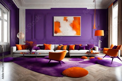 Purple and orange living room - modern contemporary interior design with bright colors
