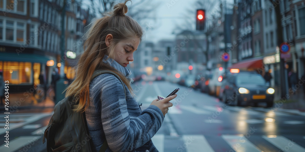 Fototapeta premium young girl using phone crossing street at pedestrian crossing