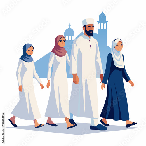 Muslim Girl and Father in Traditional Attire Vector Illustration