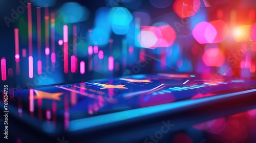 Stock market display board. Using digital tablet for stock market analysis. Business graph with arrow showing profits and gains,abstract background