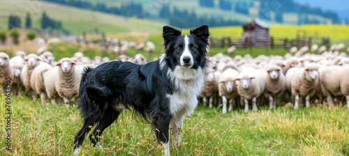 Border collie pup showing herding skills in lush field, displaying intelligence and agility photo