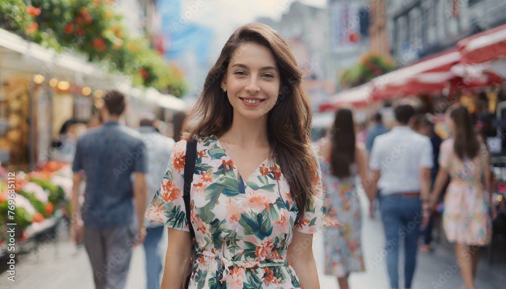 City Stroll Charm: Beautiful Woman in Floral Dress Gracefully Walks Market Street