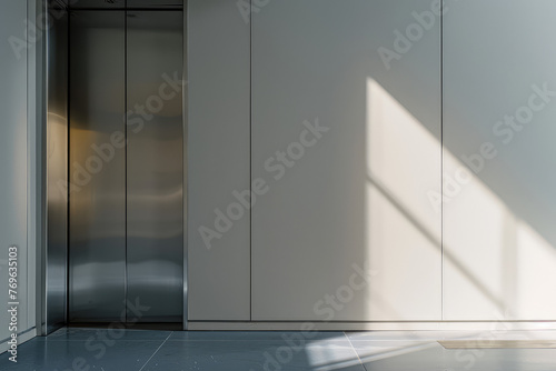 Contemporary Kitchen Appliance Detail. Close-up of a modern kitchen compact elevator with brushed metal finish. photo