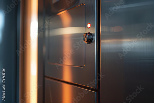 Contemporary Kitchen Appliance Detail. Close-up of a modern kitchen compact elevator with brushed metal finish.