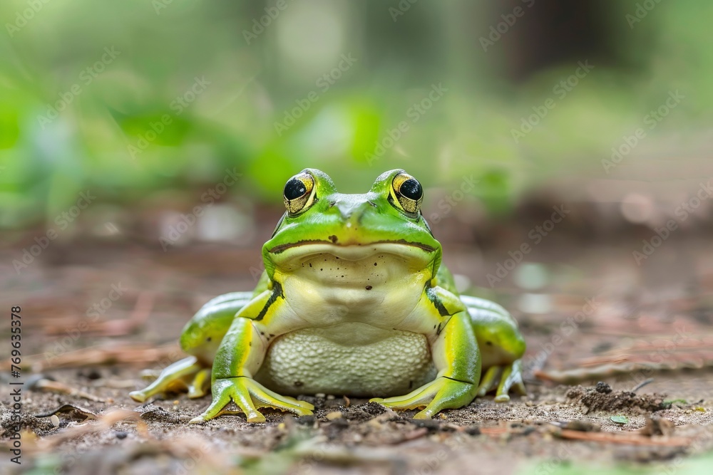 Serene green frog sitting calmly on the ground with its eyes wide open Serene green frog sitting calmly on the ground with its eyes wide open