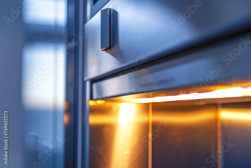 Contemporary Kitchen Appliance Detail. Close-up of a modern kitchen compact elevator with brushed metal finish. © SnowElf