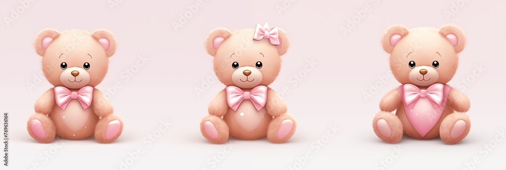 Three Adorable Teddy Bears with Pink Bows Sitting Together Three Adorable Teddy Bears with Pink Bows Sitting Together